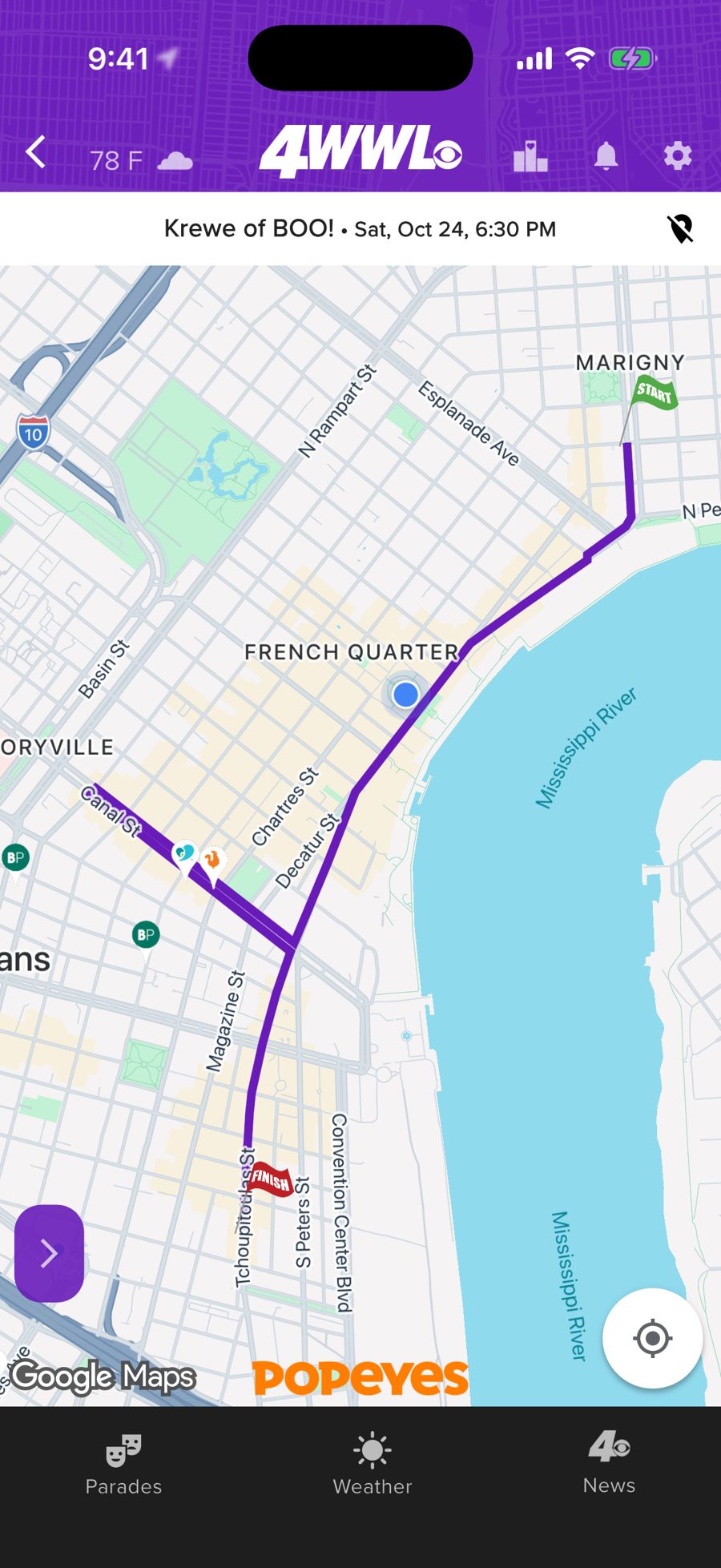 WWL Parade Tracker showing a parade route through the French Quarter on the live map