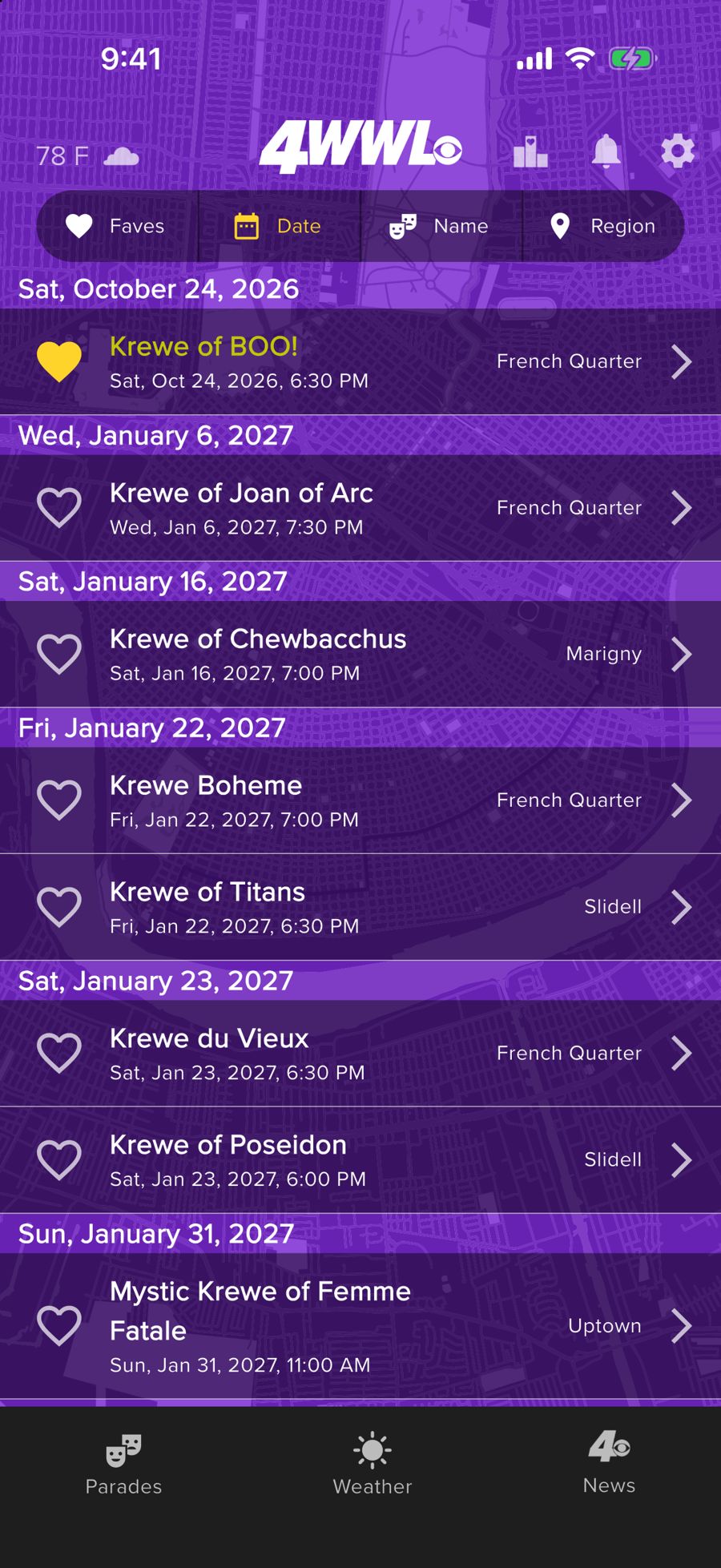 The parade schedule sorted by date, with a favorite parade marked