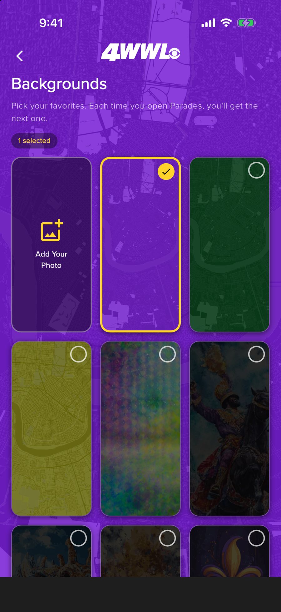 Choosing Mardi Gras backgrounds for the parades screen